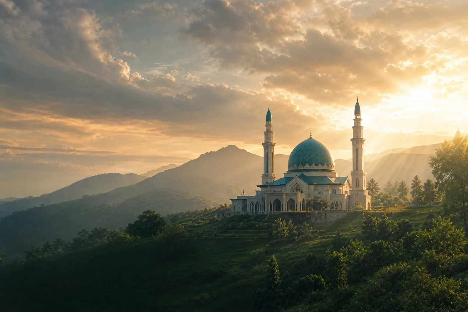 Masjid dan pegunungan saat fajar